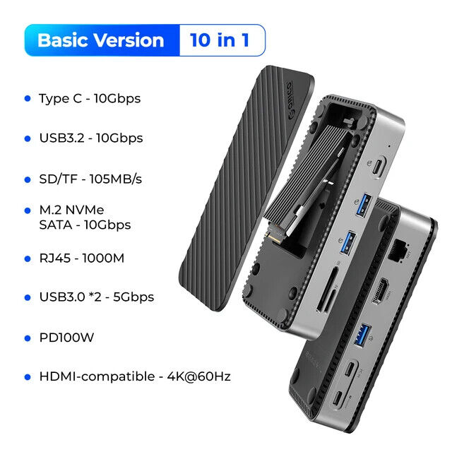 ORICO 10 in 1 Dock Station &Fan M.2 SSD Enclosure USB C 10Gbps PD100W RJ45 SD/TF