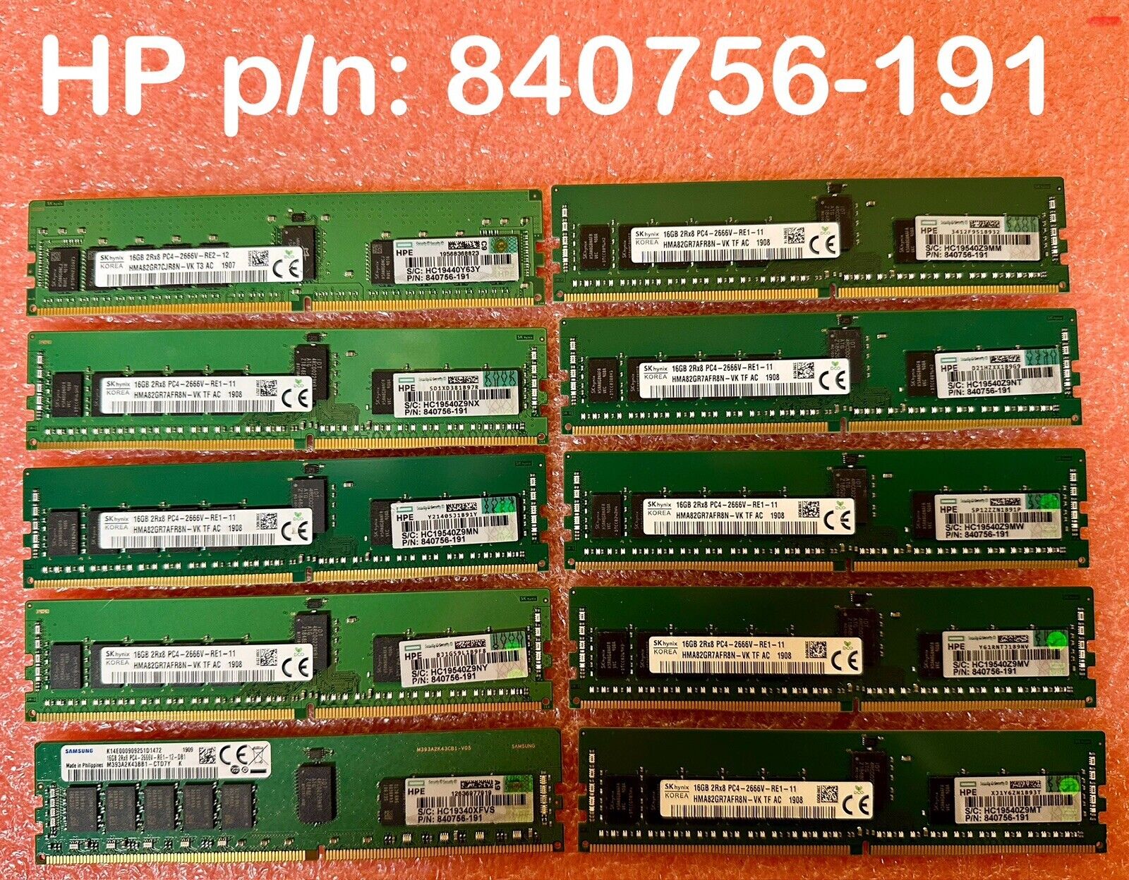 Genuine HP P/N 840756-191 ECC RAM 16GB 2Rx8 PC4-2666V Registered Memory SK Hynix