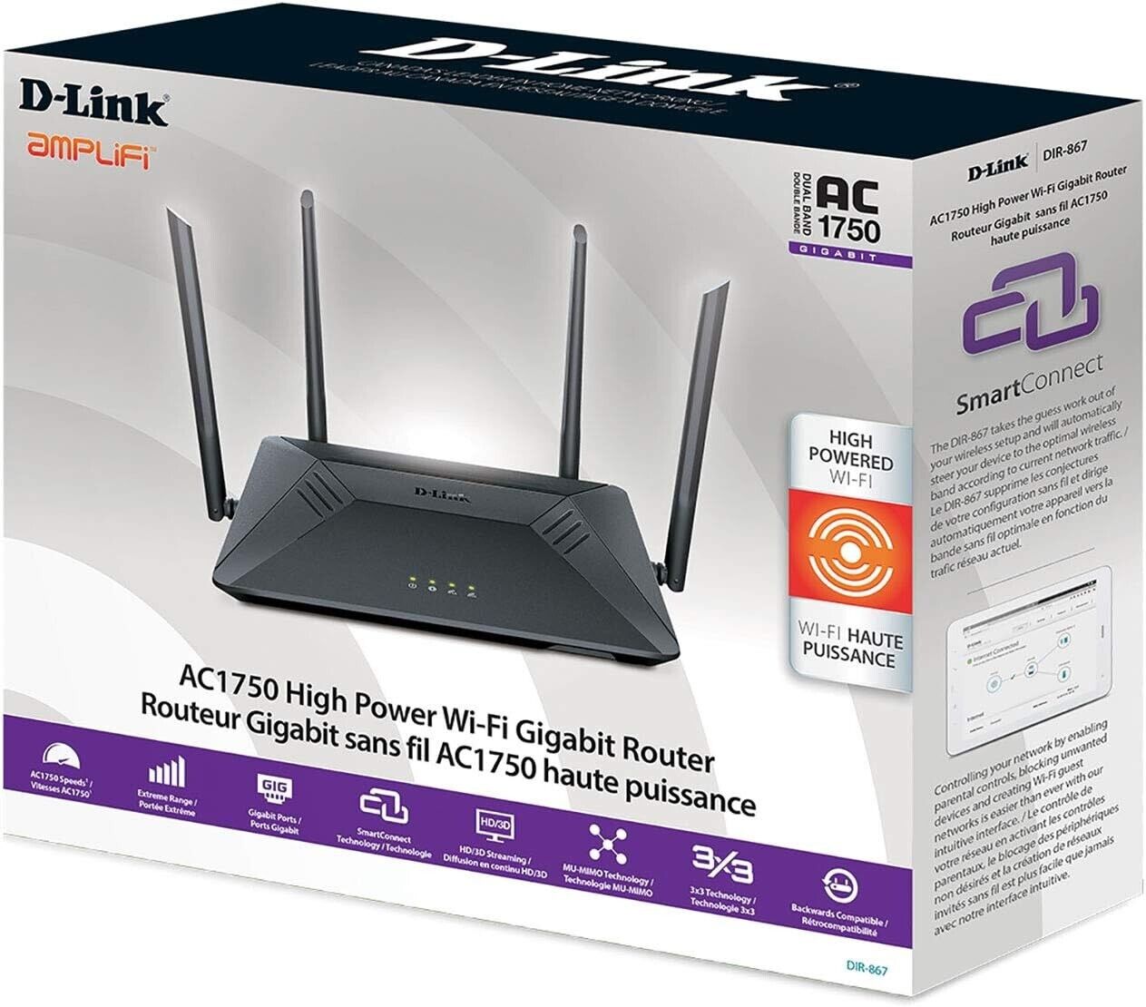 D-Link AC1750 High-Power Wi-Fi Gigabit Router, Dual Band, MU-MIMO, QoS (DIR-867)