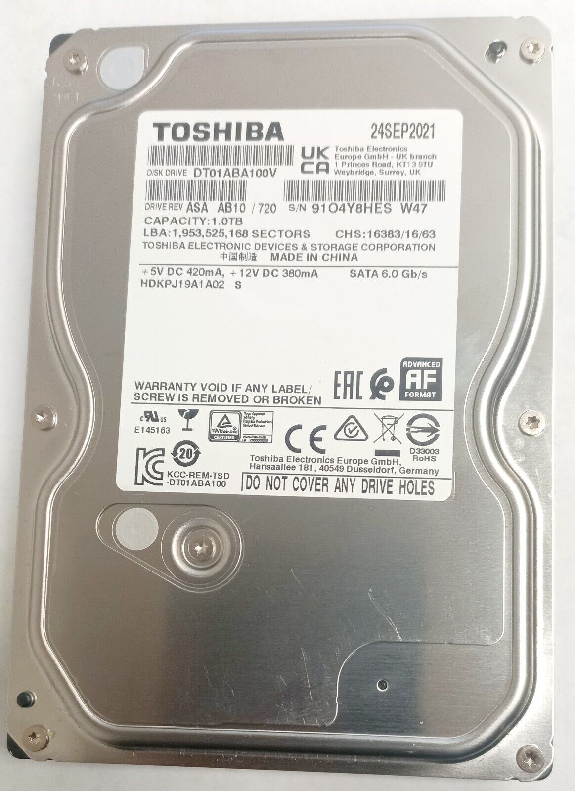 Toshiba DT01ABA100V 1TB SATA 3.5 Hard Drive for PC, CCTV DVR Surveillance Cam.