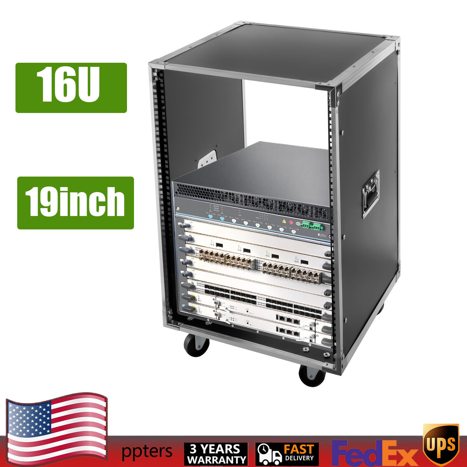 16U Server Rack Open Frame Rolling Network Data Rack 19 inch With Casters 4 Post