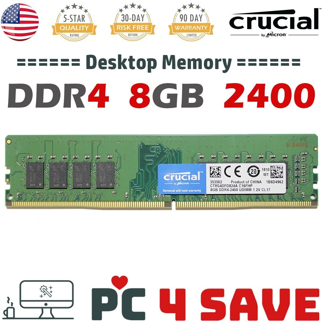 Crucial 8GB DDR4 2400MHz 2RX8 PC4-2400T PC4-19200 288 Pin Desktop Memory Single