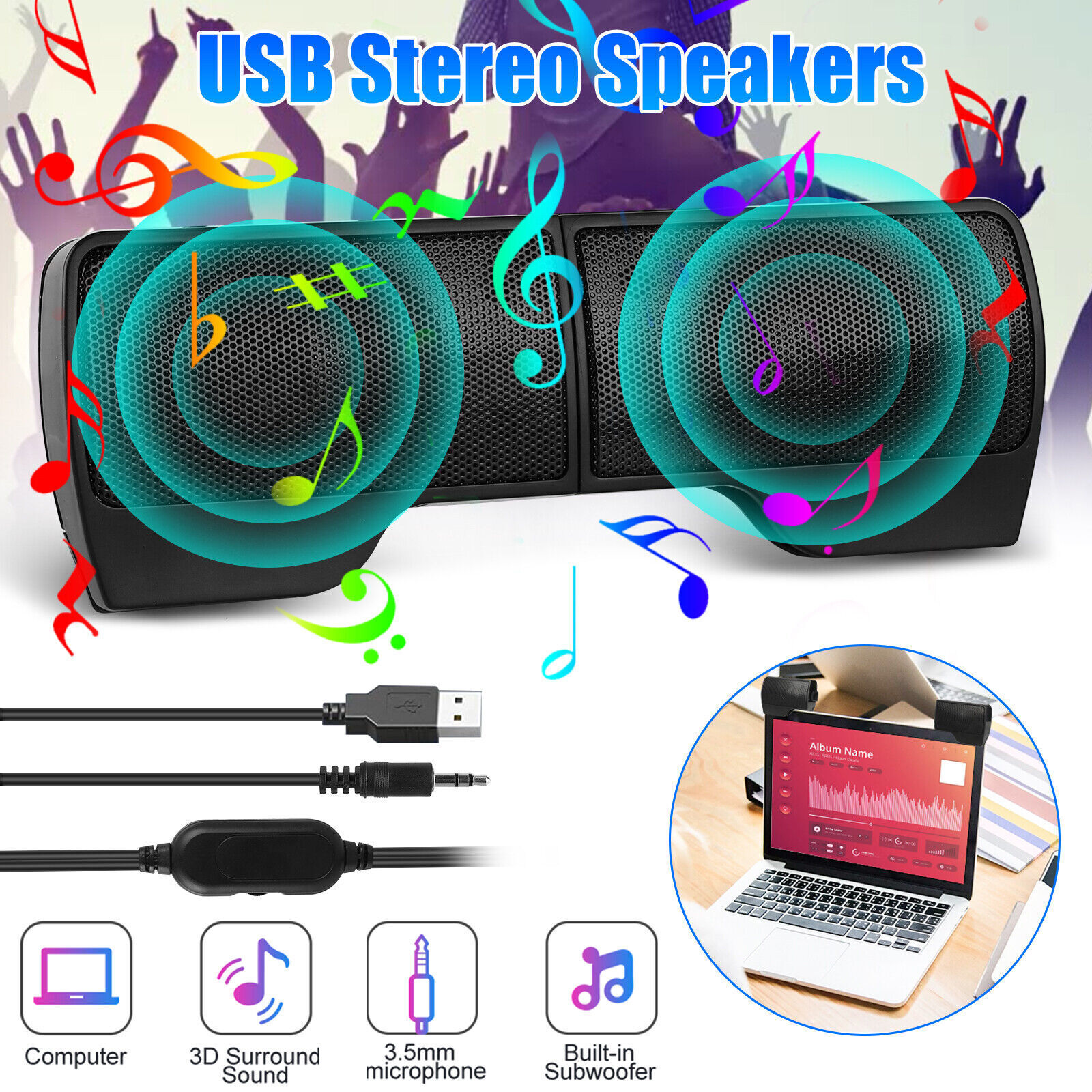 Stereo Sound Mini External USB Computer Speakers Laptop Tablet Clip-on Soundbar