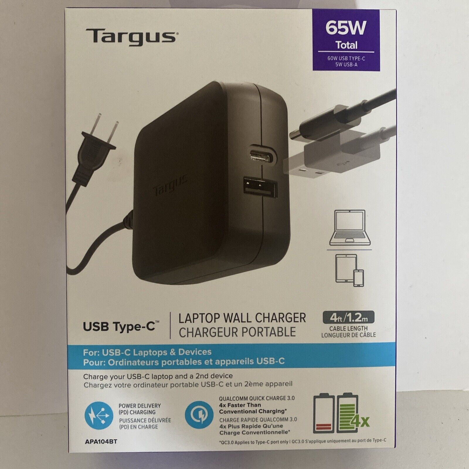 Targus 65W USB Type-C / USB-A Laptop Dual Charger - APA104BT - NEW SEALED
