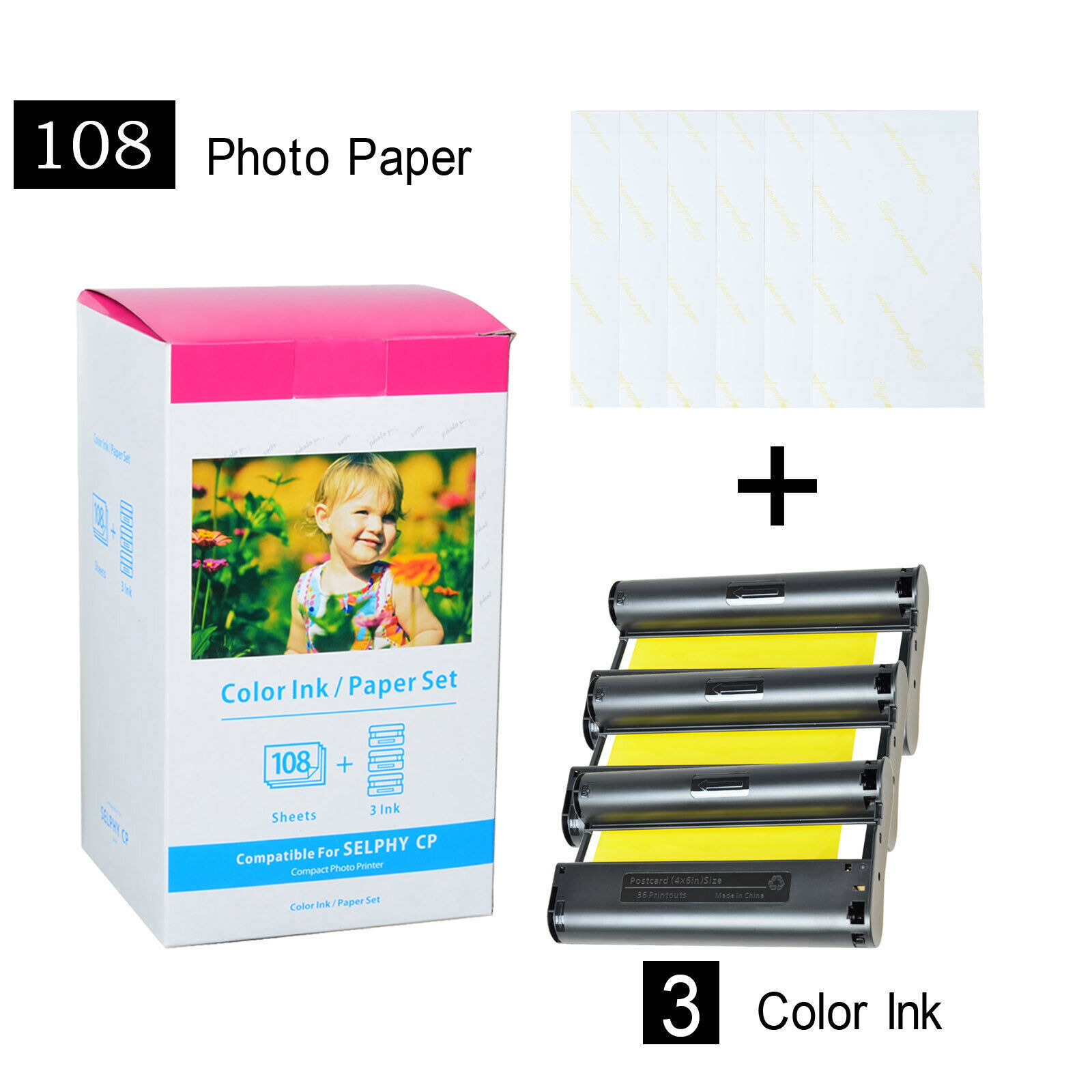 KP-108IN Color 3X Ink & 108 Photo Paper Set for Canon Selphy CP910 CP1200 CP1300
