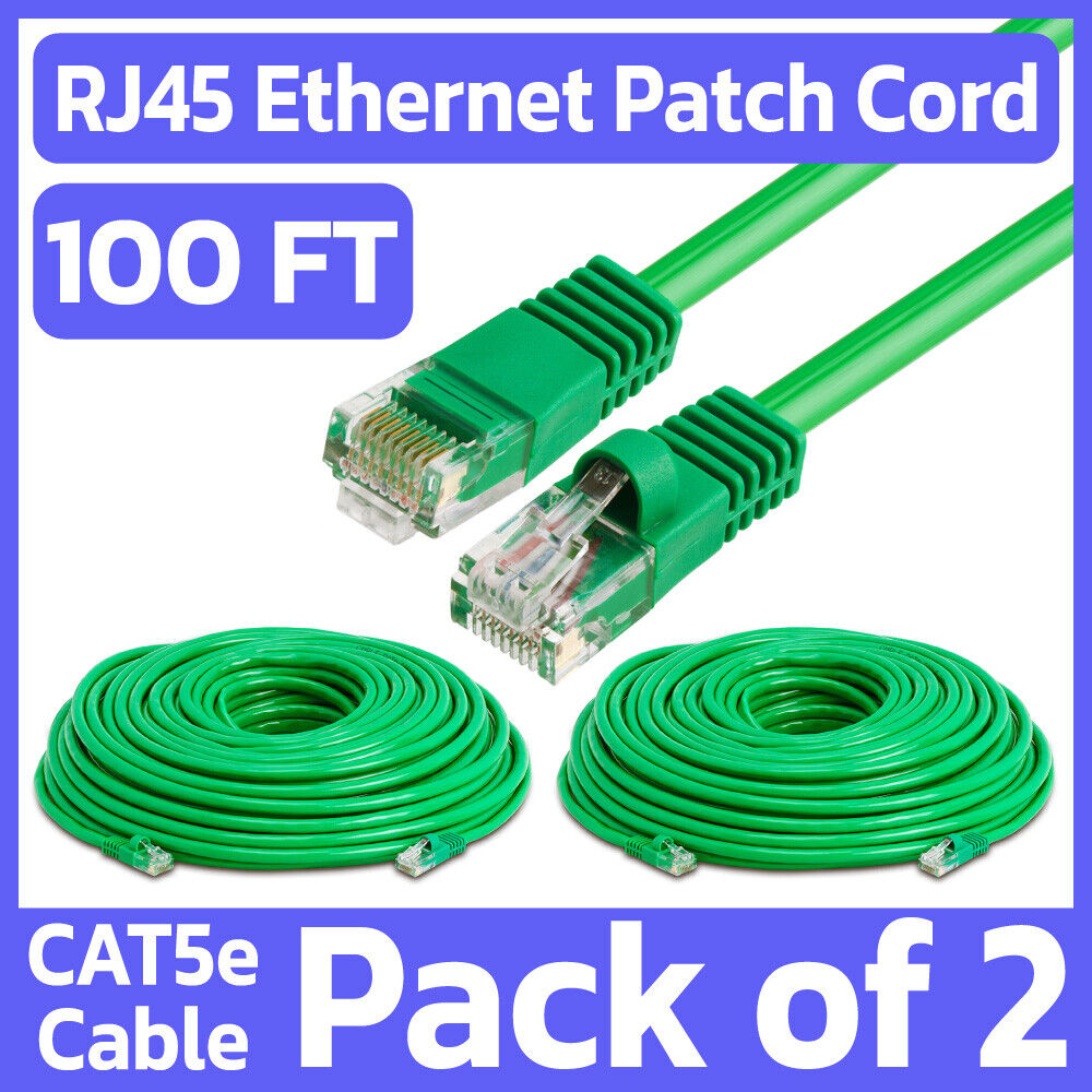 2 Pack Green Cat5e Ethernet Patch Cable 100ft RJ45 Network Cord Internet Wire