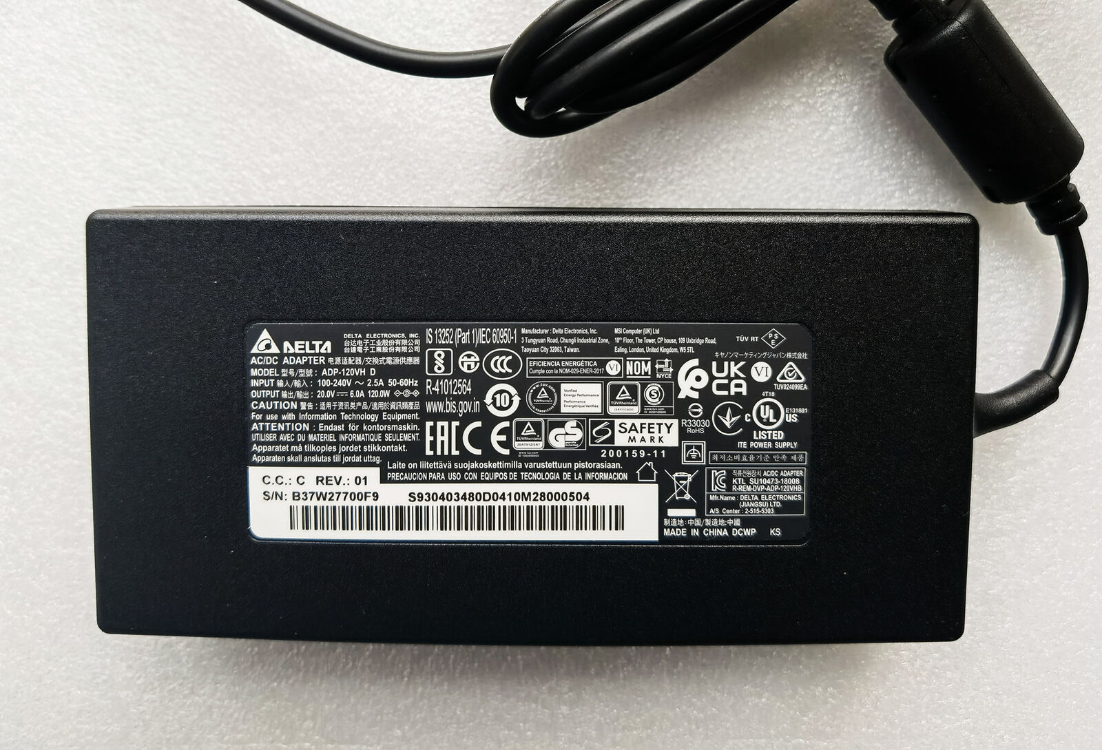 Delta 20V 6A 120W Adapter MSI GF63 Thin 11SC-430CA ADP-120VH D AC Power Charger