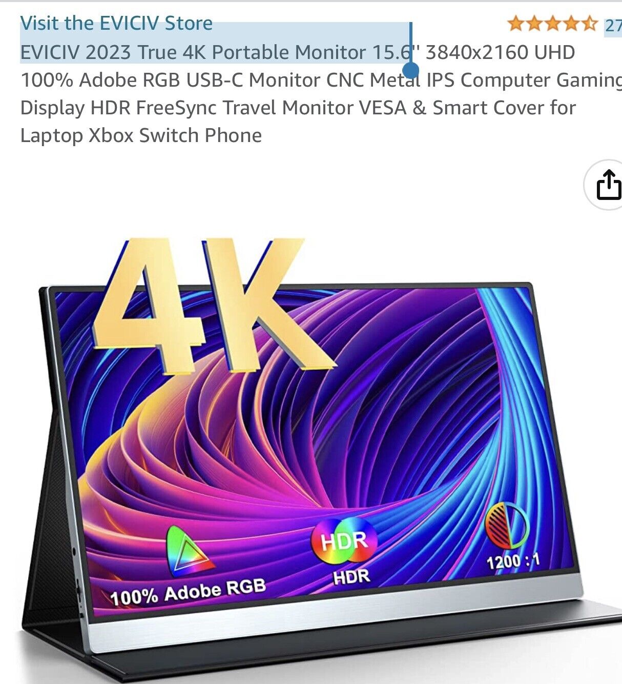 EVICIV 2023 True 4K Portable Monitor 15.6”