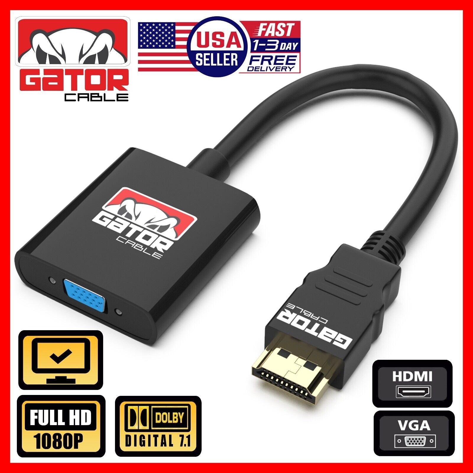 HDMI to VGA Adapter Converter Cable For HDTV PC Desktop Monitor Video 1080P 60Hz