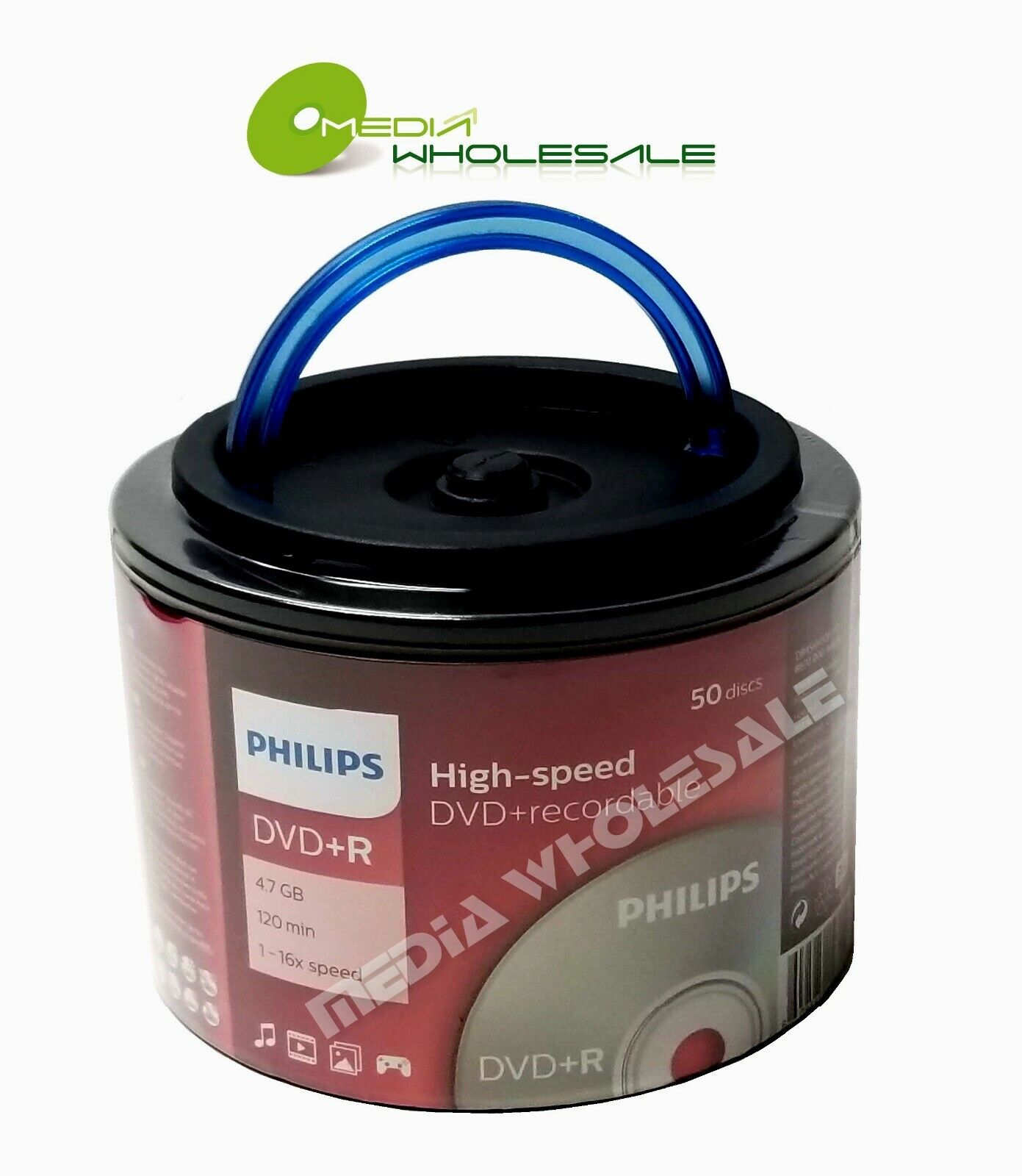 50 PHILIPS Blank 16X DVD+R Plus R Logo Branded 4.7GB Disc Spindle with Handle