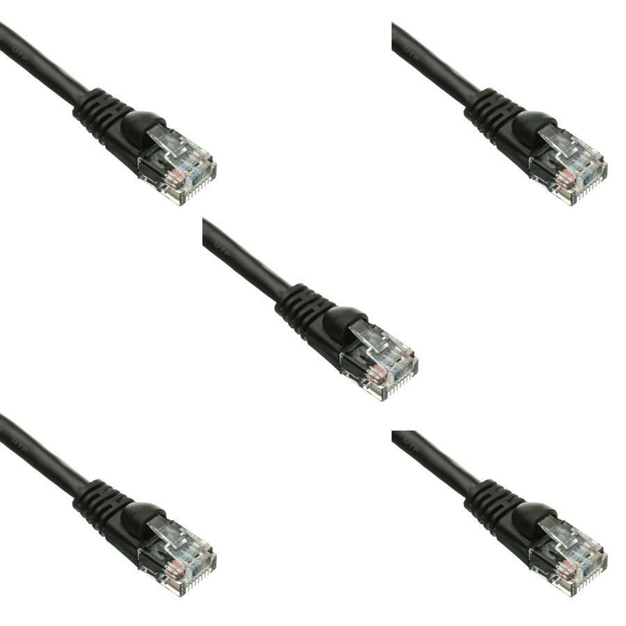 Pack of 5 Cables Snagless 10 Foot Cat5e Black Network Ethernet Patch Cable