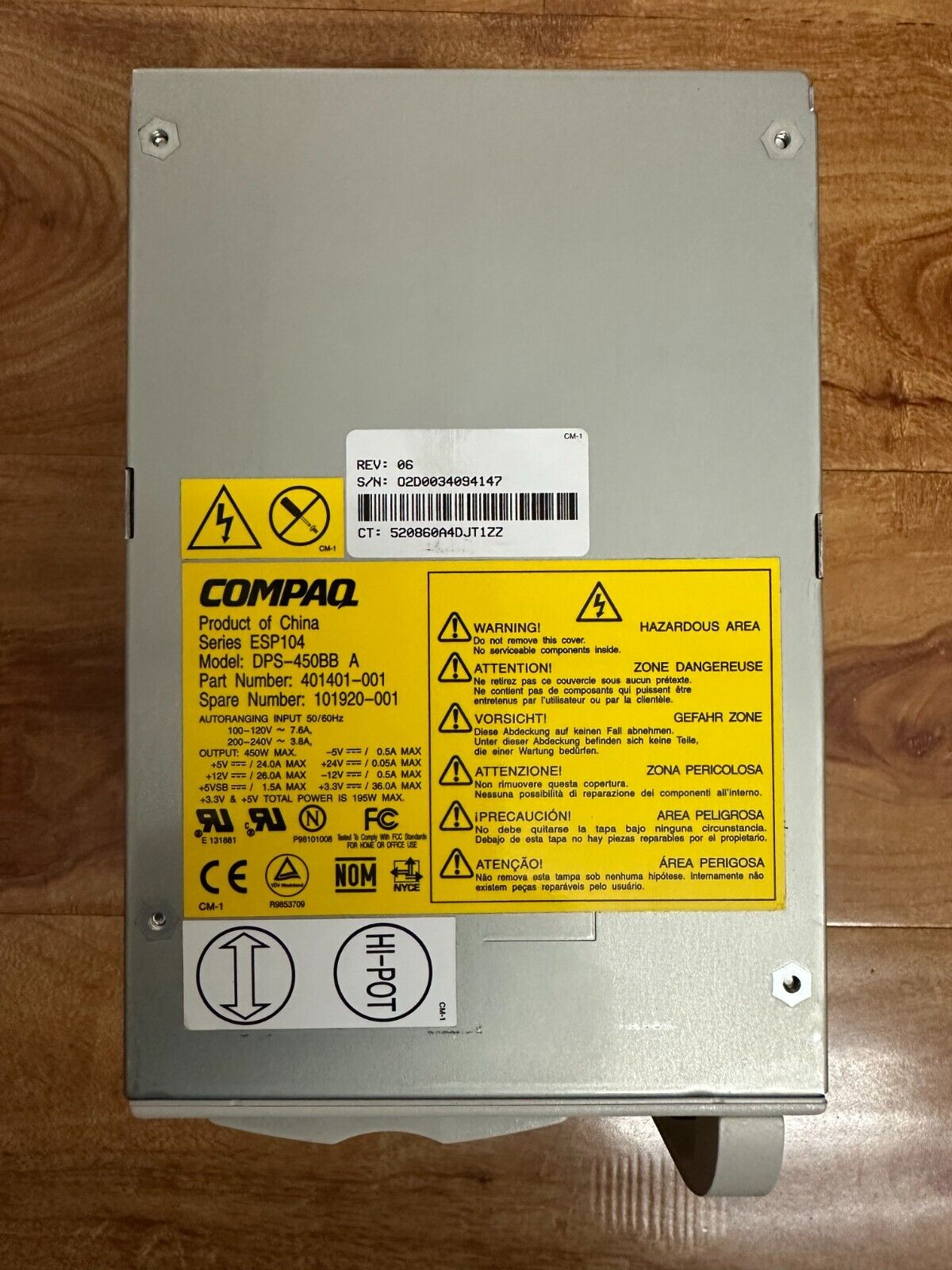 HP 401401-001 450 Watt Redundant Power Supply For Proliant 6400R DL580