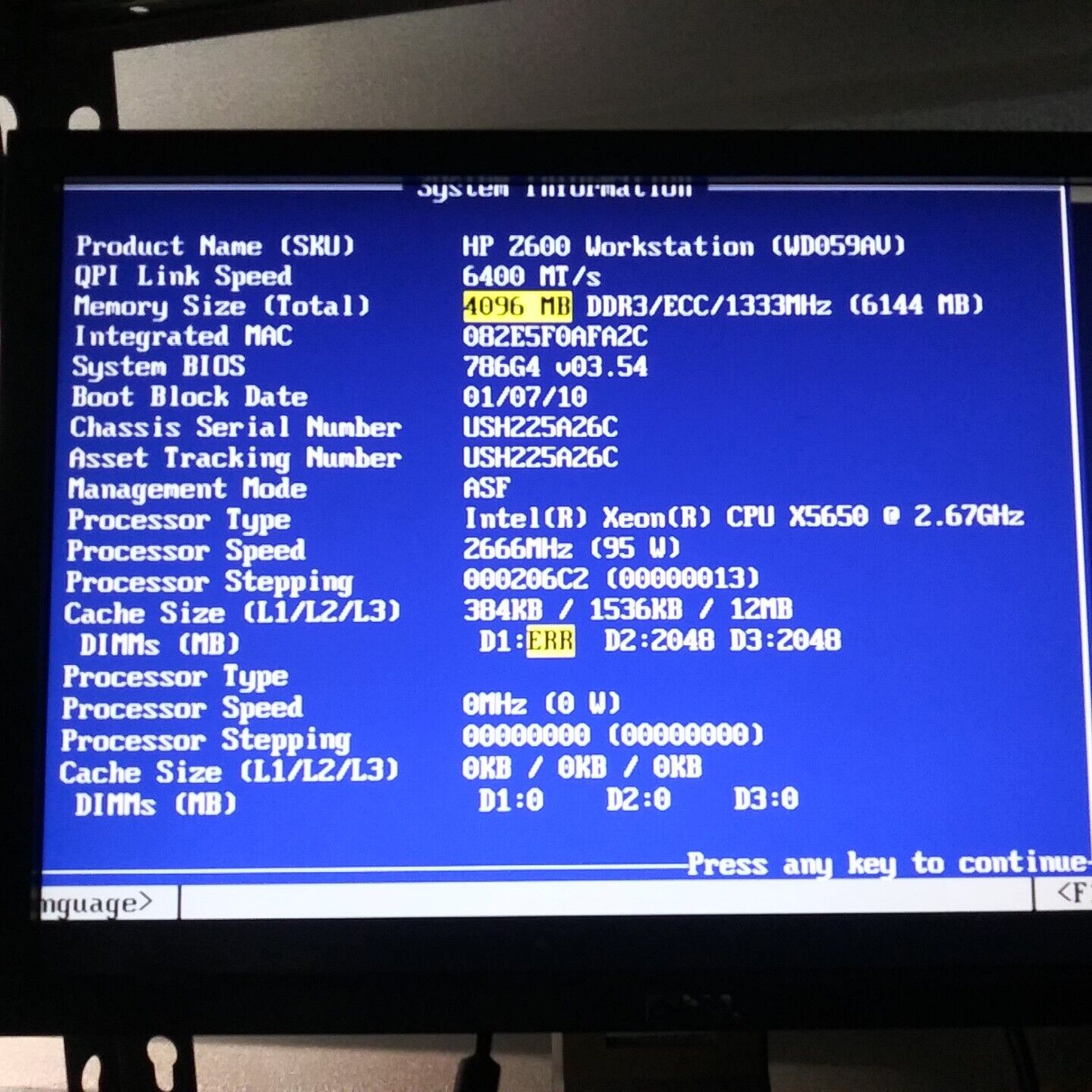 HP Z600 Workstation  INTEL (R) XEON  2.66GHz X5650, 4GB Ram,  No HDD NO OS