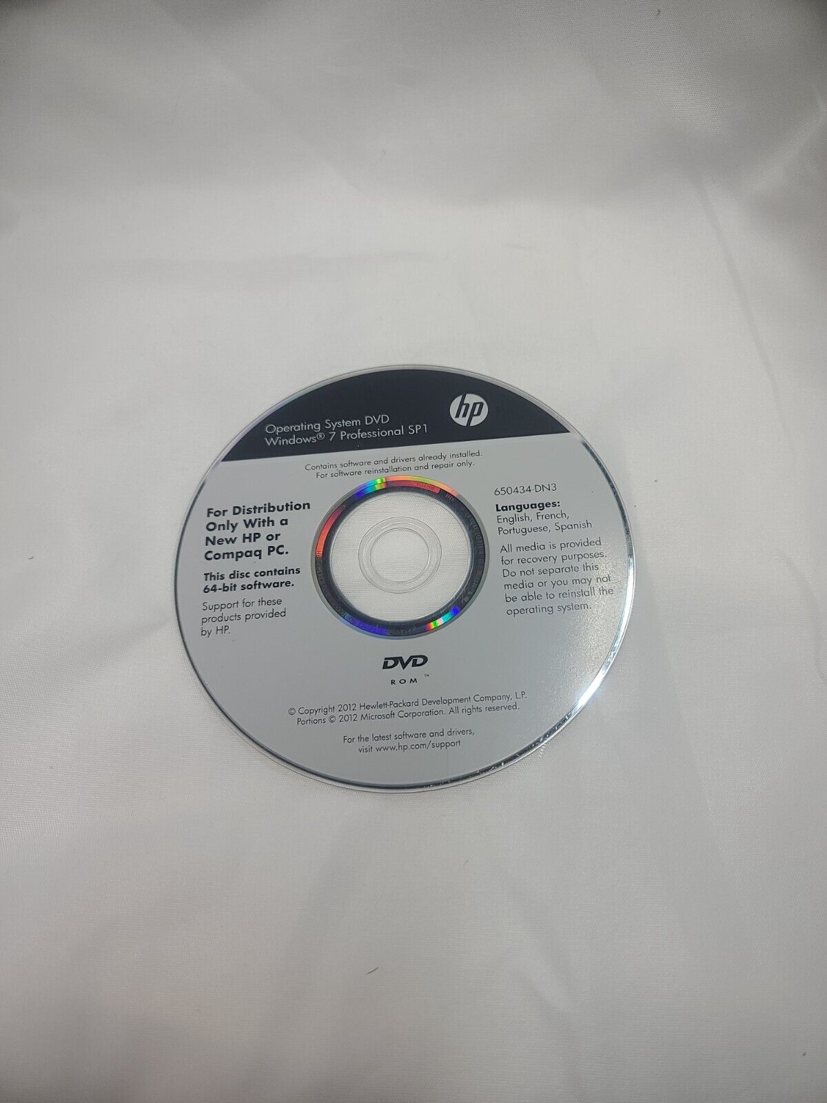 HP Compaq Windows 7 Professional SP1 64-Bit DVD System Recovery Media Software