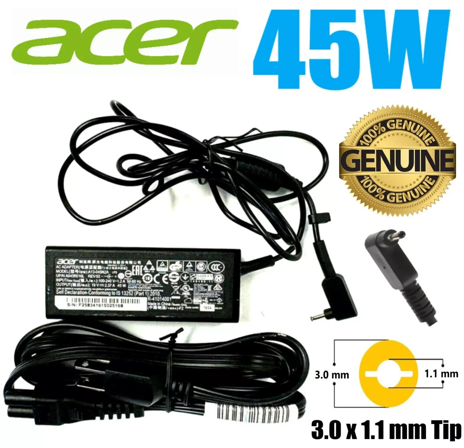 Lot of 10 Acer Genuine Original OEM 45W Adapter Model: A13-045N2A P/N: A045R016L
