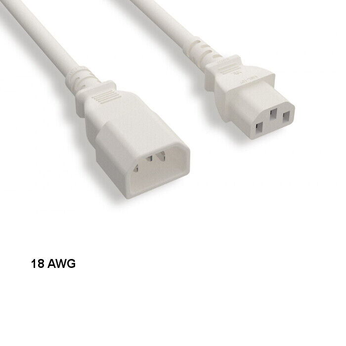 Kentek White 3' ft 18AWG Color Power Cord IEC60320 C13 to IEC60320 C14 10A/250V