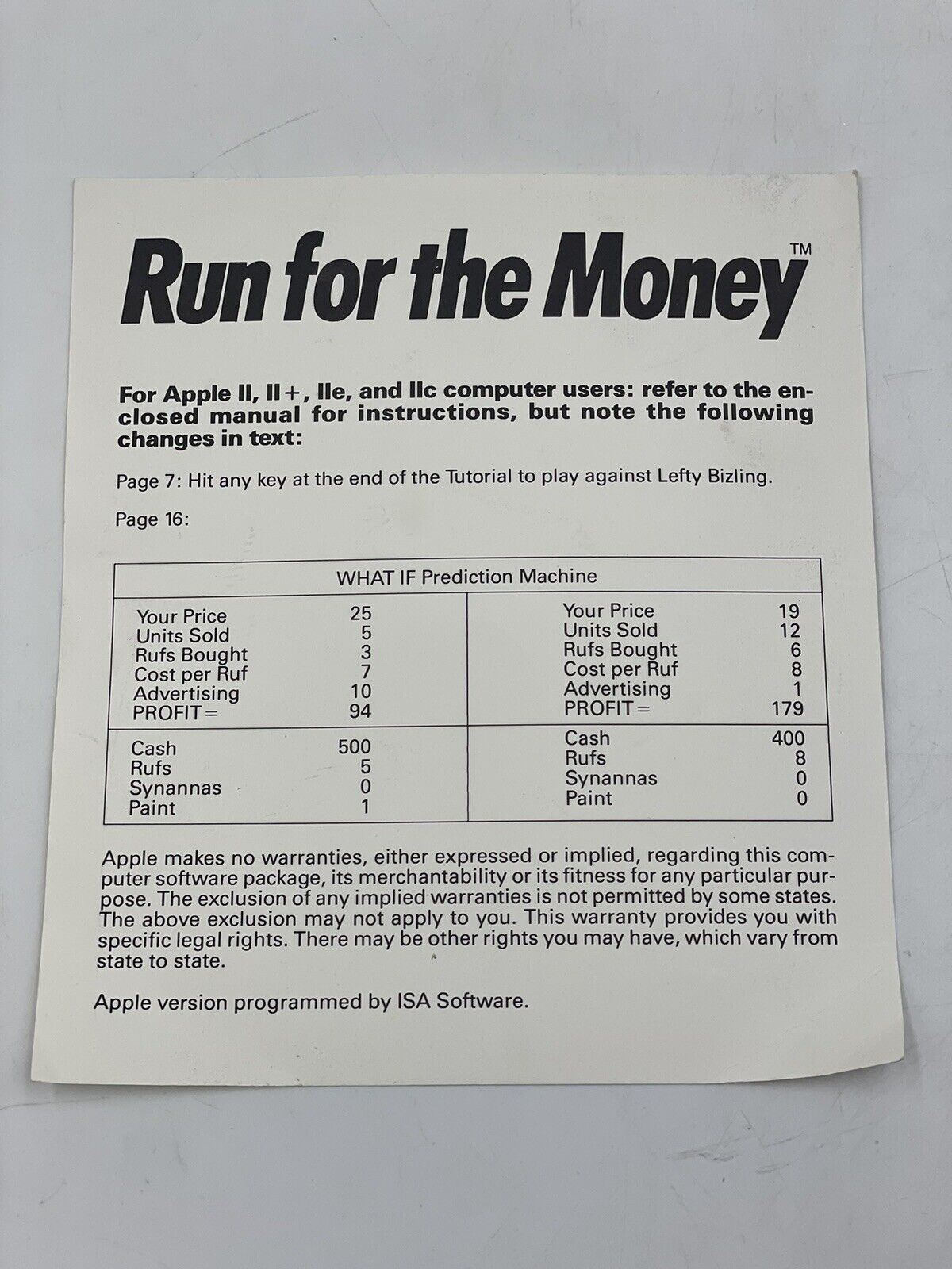 Run For The Money (Apple II, lle) - Instructions Card Only - Vintage Computing