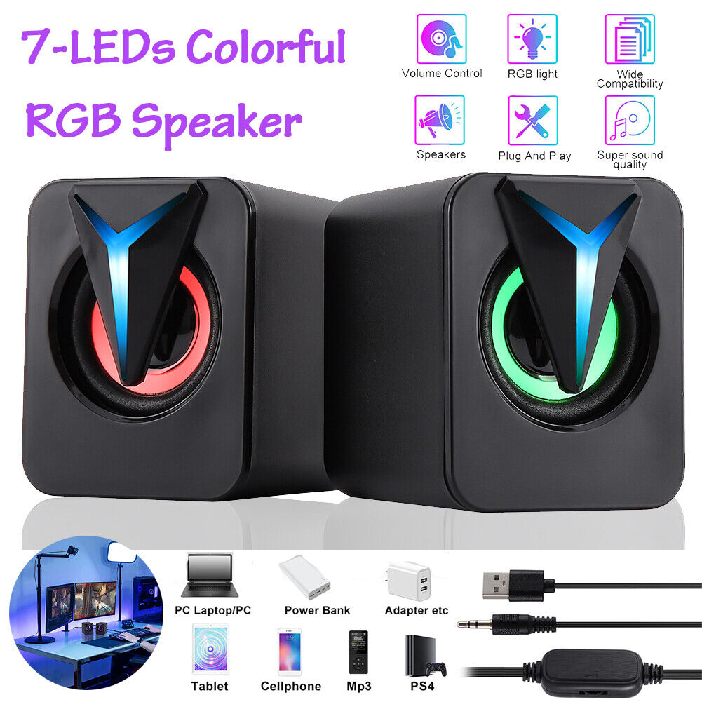 3.5mm RGB LED Mini USB Wired Computer Speakers Stereo Bass For PC Laptop Desktop