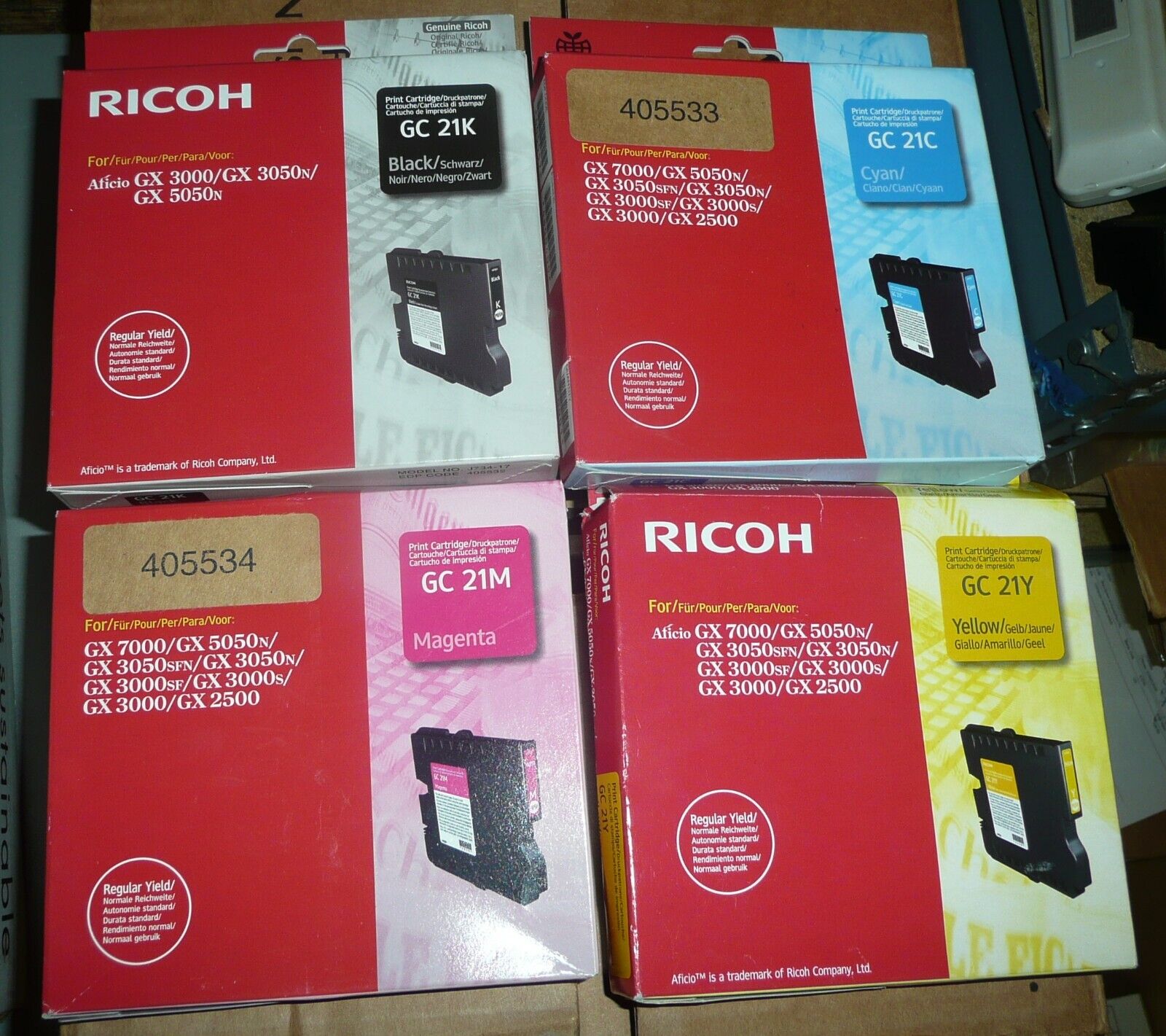 Genuine Set of 4 Ricoh GC21 Ink Cartridges 21K 21Y 21C 21M CYMK GX3000 GX5050n