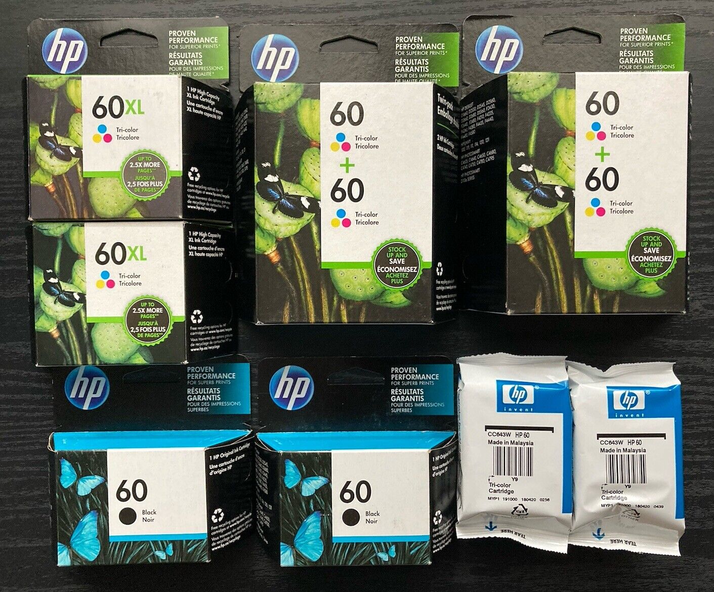 Lot of 10 GENUINE HP 60XL Ink Cartridge Black Tri-Color 60 Sealed Expired