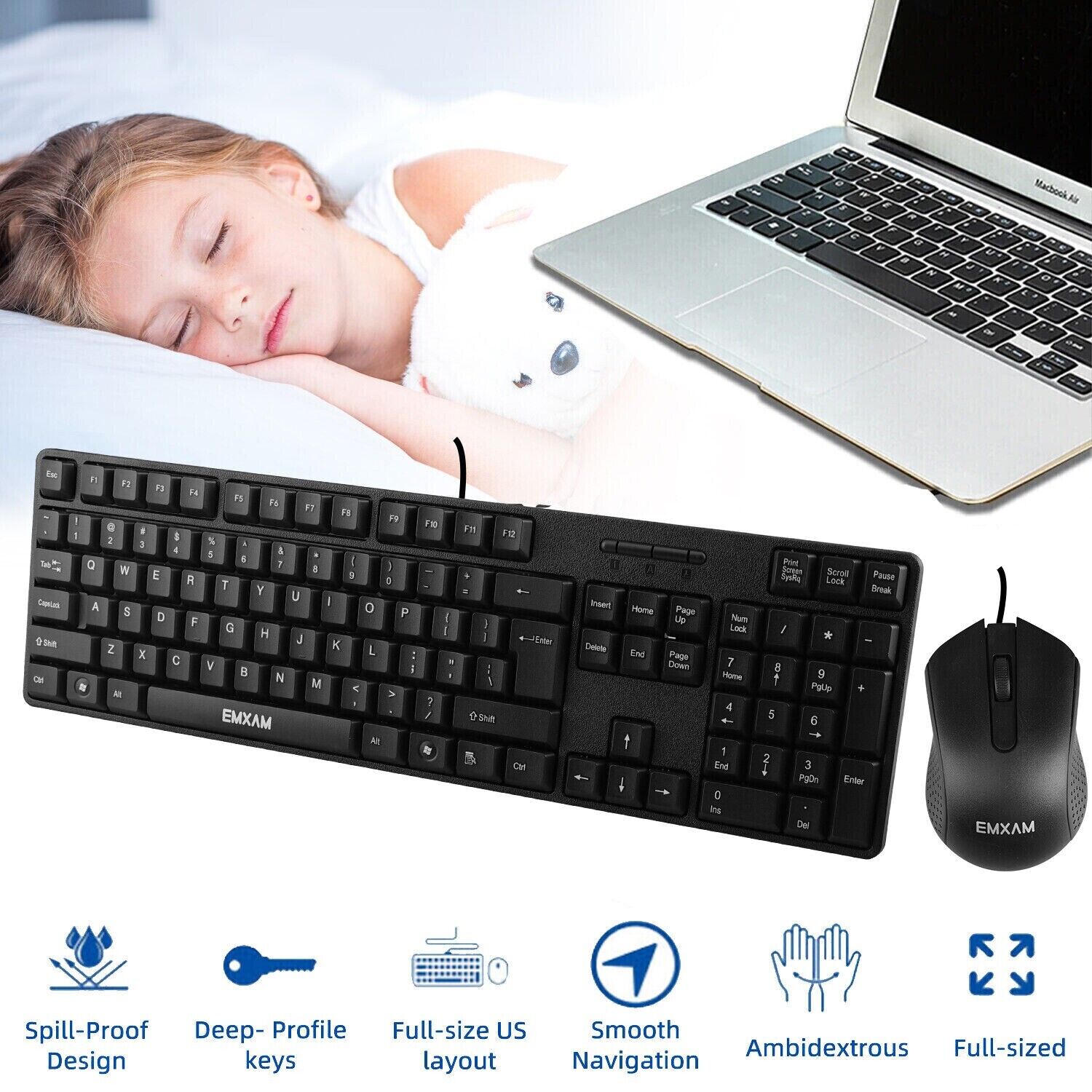 104 Keys USB Wired Computer Keyboard Mouse Kit For Desktop Laptop PC Windows