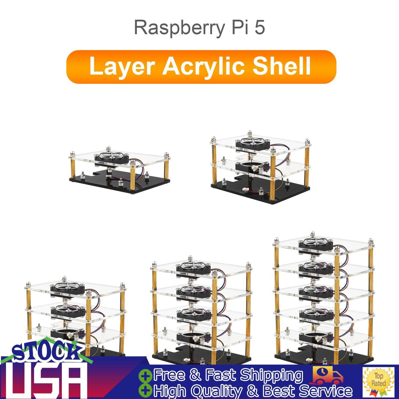 Multi-Layer Acrylic Shell Raspberry pi5 Transparent Protective Case Cooling Fan