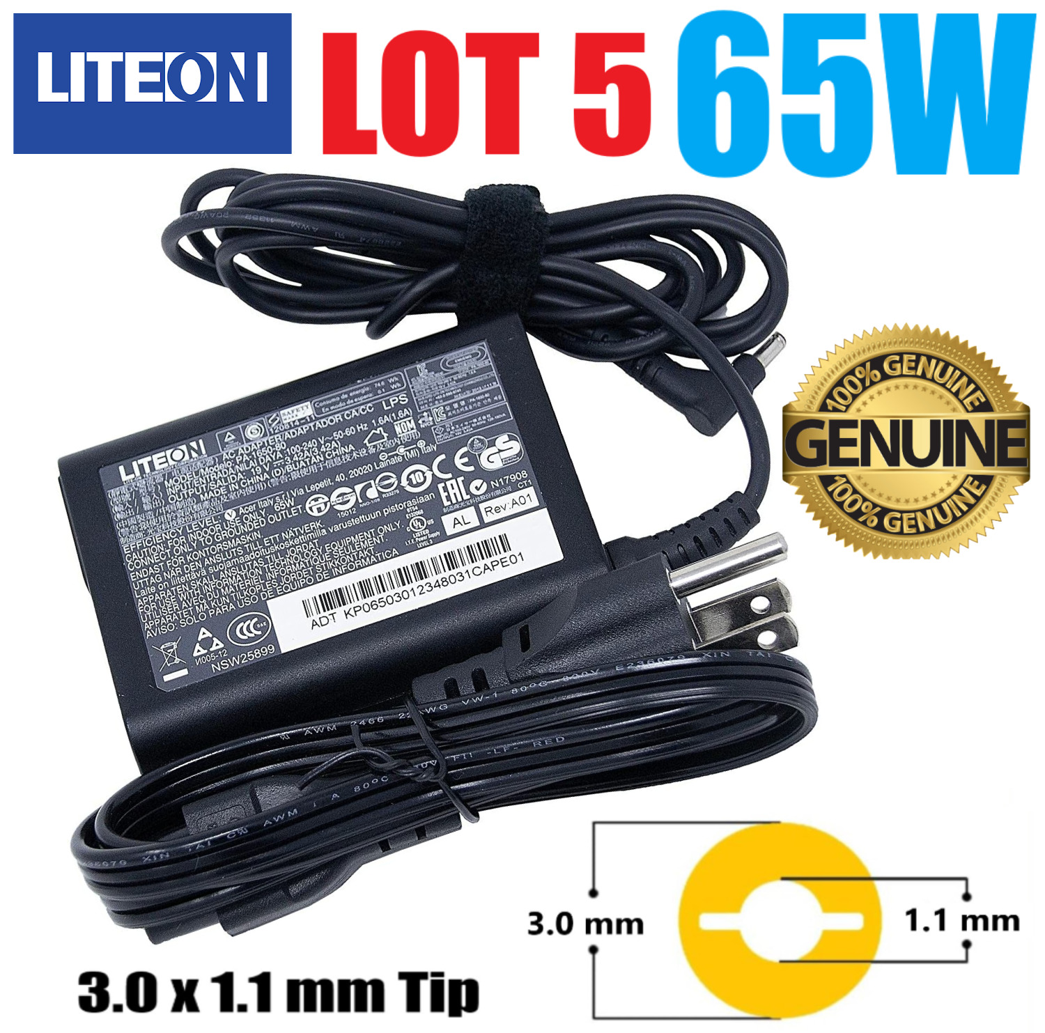 LOT 5 OEM LITEON 65W PA-1650-80 For Acer Samsung Chromebook AC Charger 3.0x1.1mm