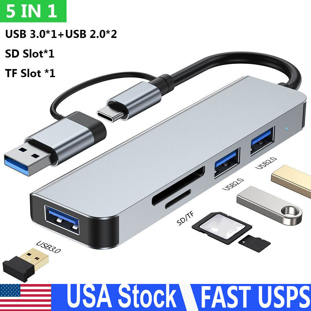 5 in 1 USB 3.0 Hub C Docking Adapter w/ SD/TF Card Reader for PC Laptop Macbook