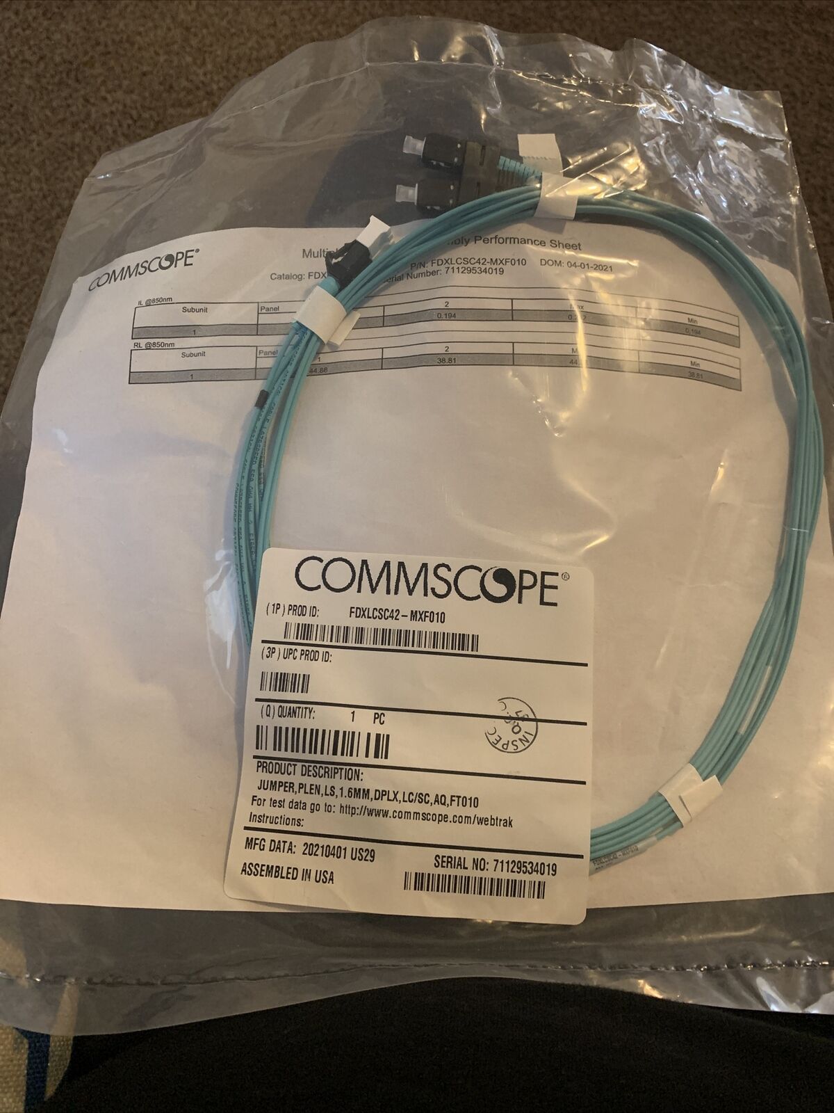 commscope fiber jumper lc/sc 10ft