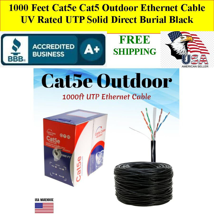 1000 Ft Roll Cat5e Cat5 Outdoor Ethernet Cable UV Rated UTP Solid Direct Burial