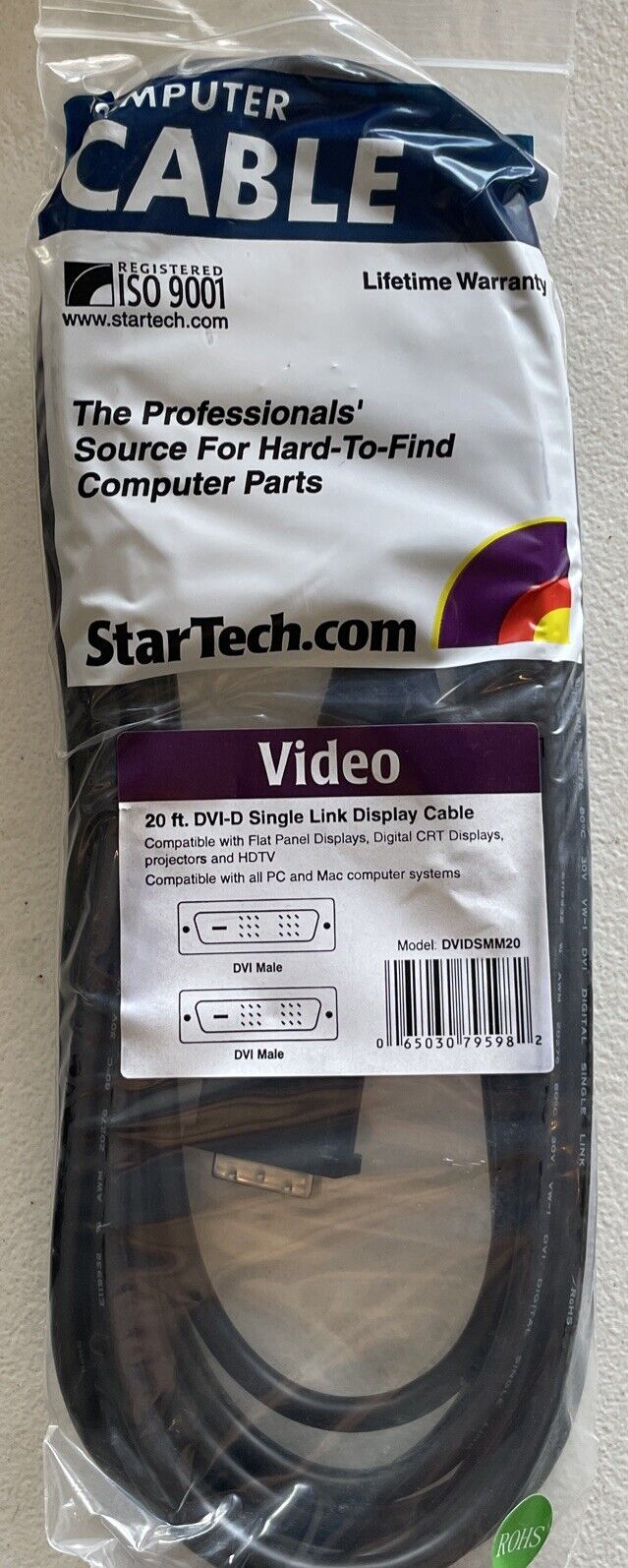 StarTech DVIDSMM20 20 ft DVI-D Single Link Cable - M/M DVI-D Male Video - DVI-D