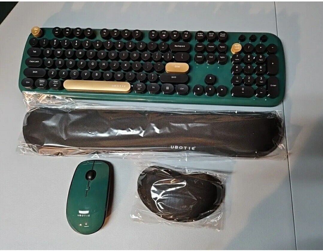 UBOTIE Green/Gold Wireless Keyboard and Mouse, with Wrist Rests- NEW (M326)