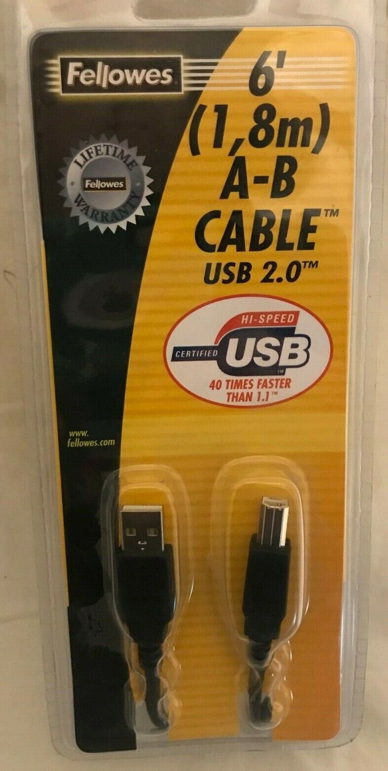 Fellowes 6 Foot (1,8m) A-B Cable USB 2.0, #99465  - NEW
