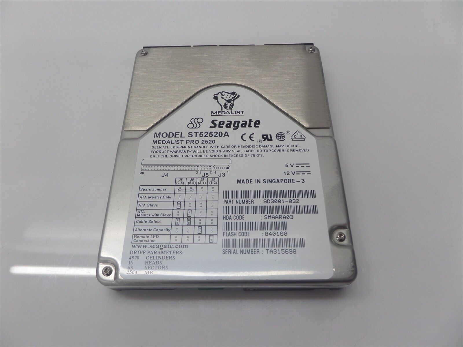 Vintage Seagate Medalist Pro 2520 ST52520A 2.5GB 3.5