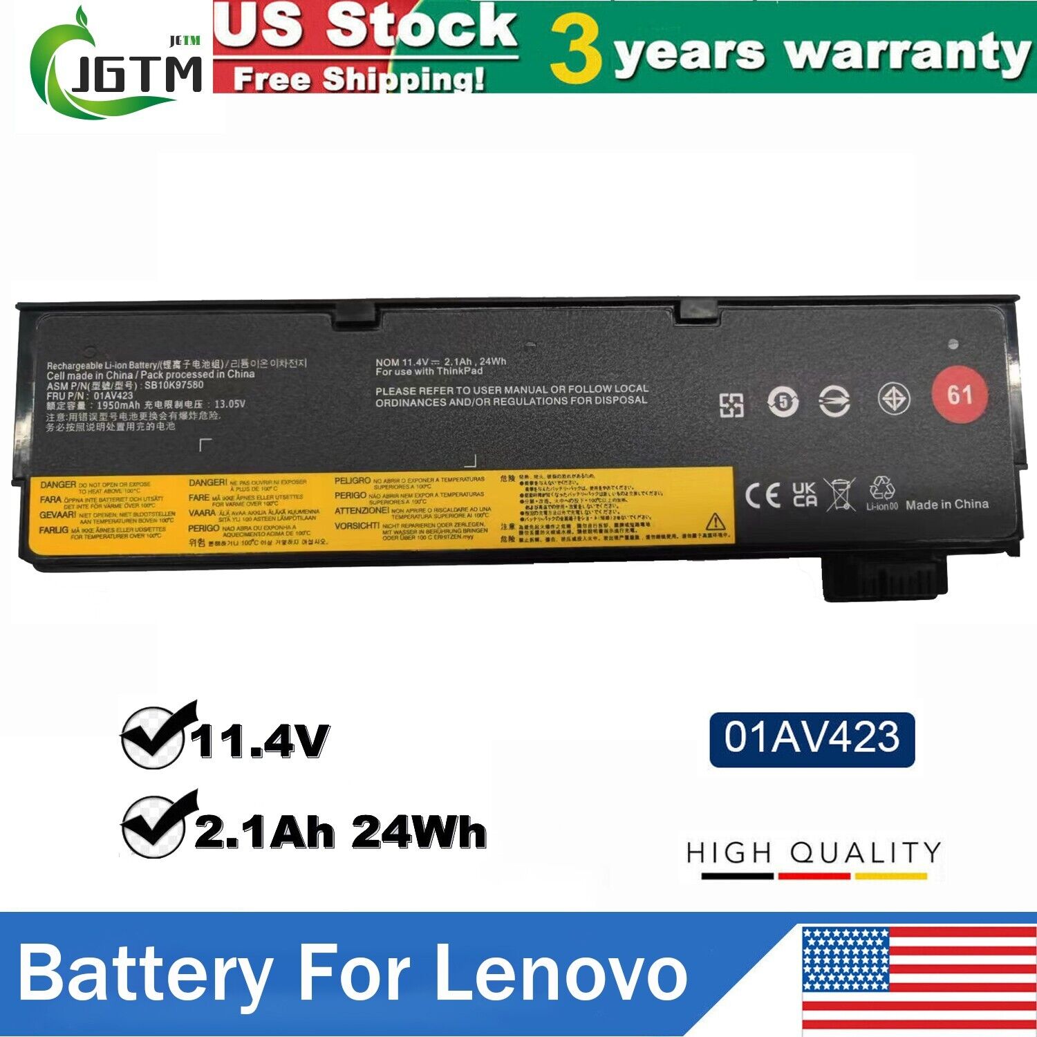 61 01AV423 Battery Lenovo Thinkpad T470 T480 T570 T580 P51s P52s 24Wh 11.4V US