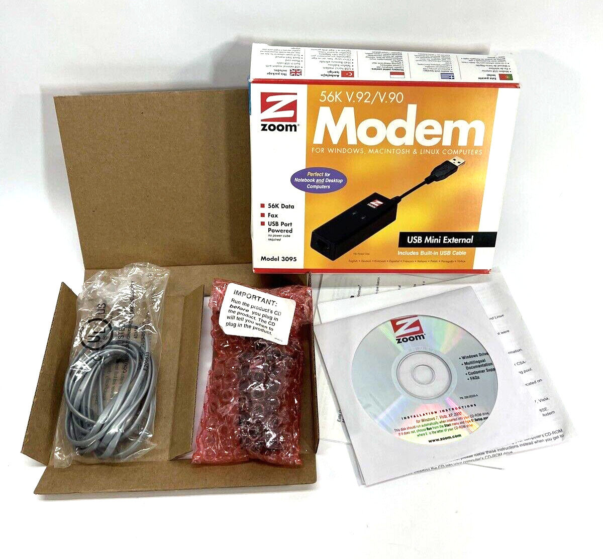Zoom Model 3095 USB Modem - 56K V.92 Data + Fax USB Mini External