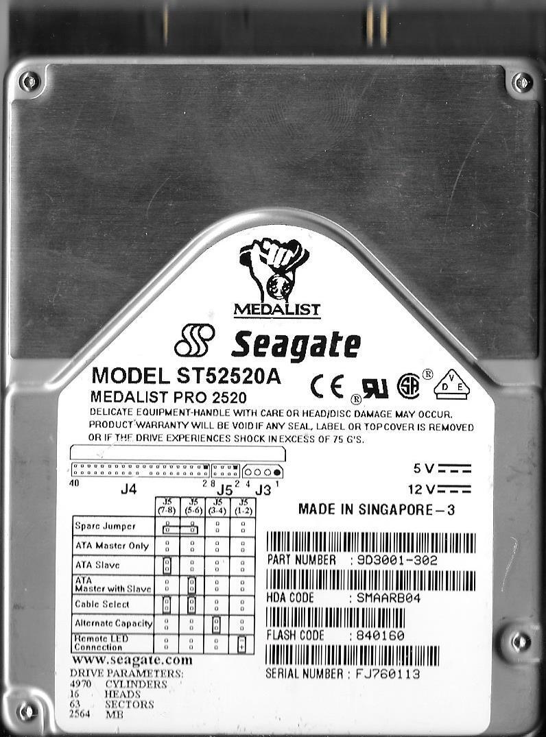 Seagate Medalist ST52520A 2.5GB IDE Hard Drive P/N: 9D3001-302 