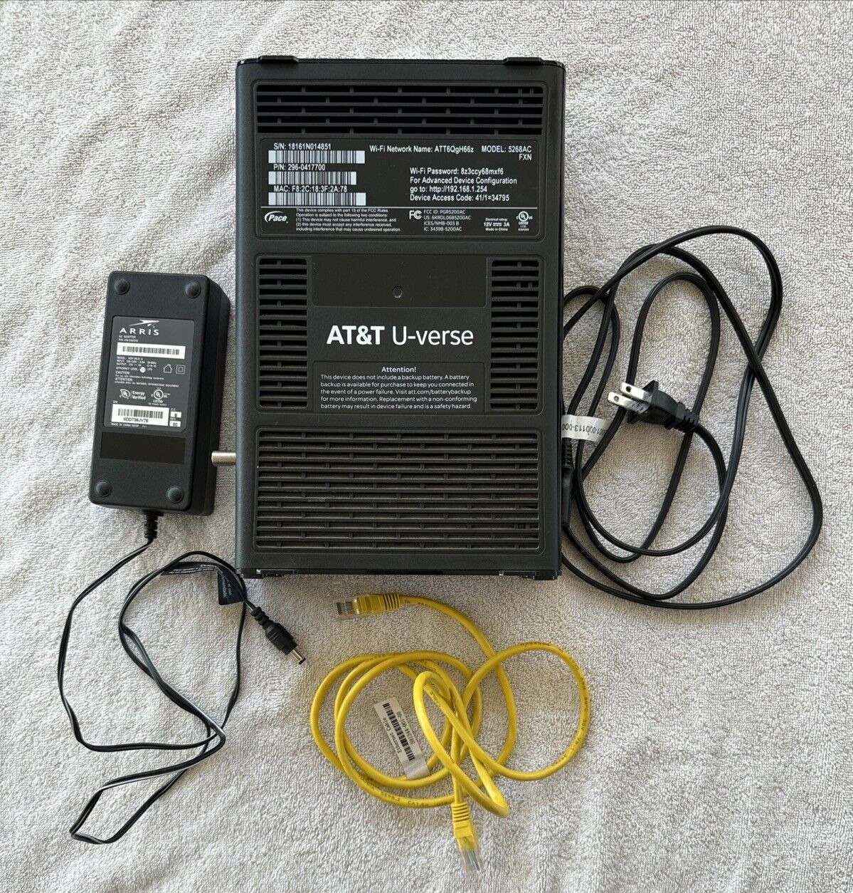 AT&T U-Verse 5268AC FXN Wireless Internet Gateway Modem Router with Power Supply