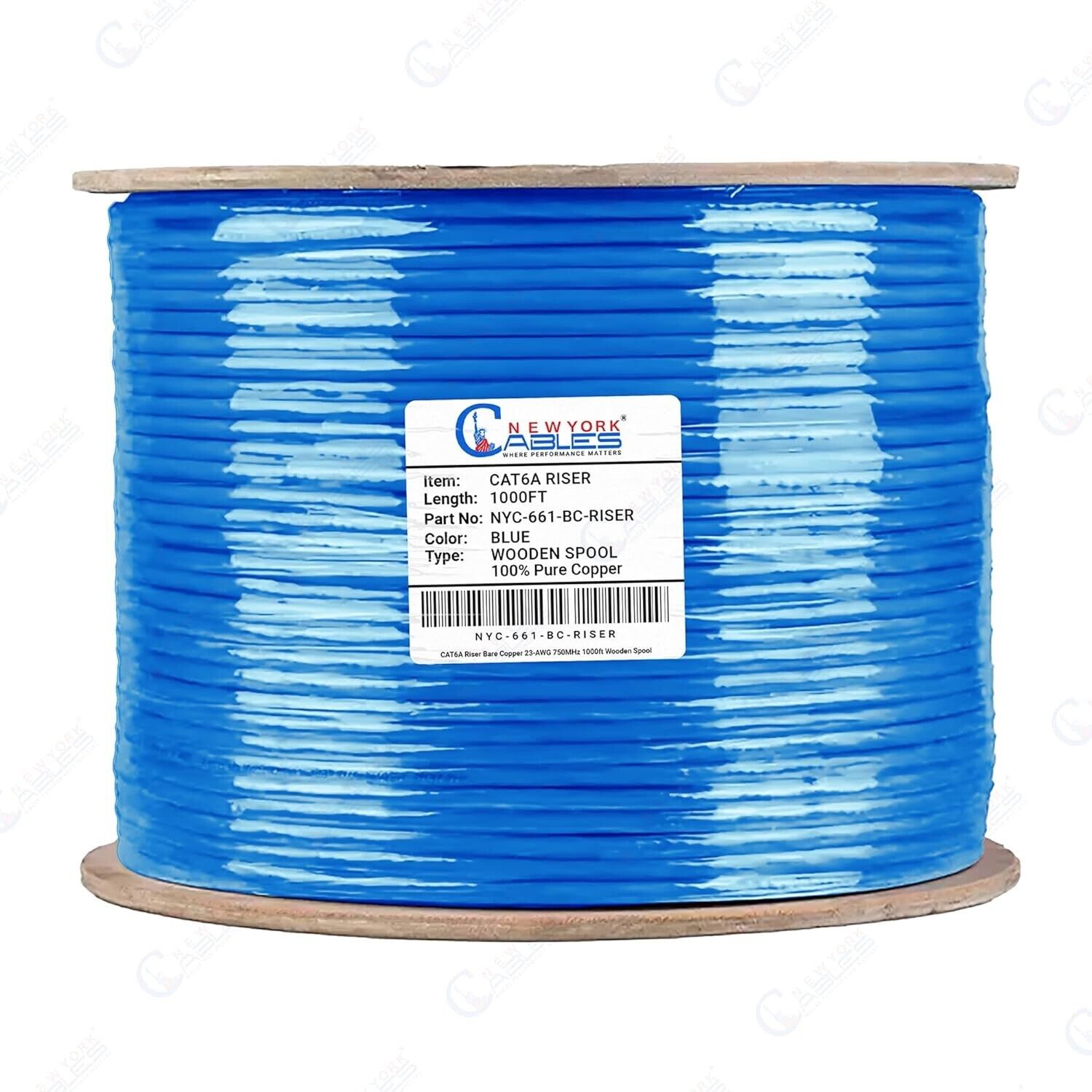 CAT6A Riser 1000ft Ethernet Cable (CMR) Solid Bare Copper 750Mhz 23AWG UTP Blue