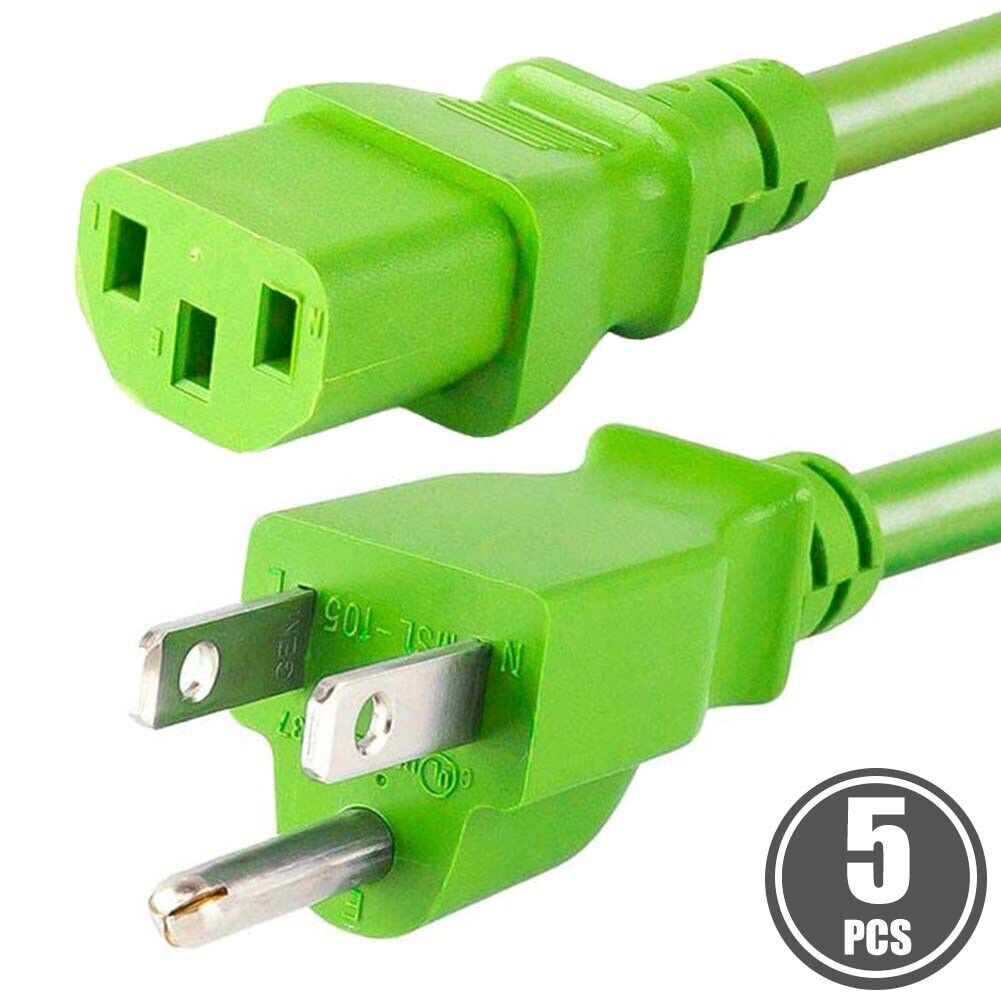 5x 1FT 18AWG NEMA 5-15P Male to IEC 60320 C13 Female Power Cord Cable 10A Green