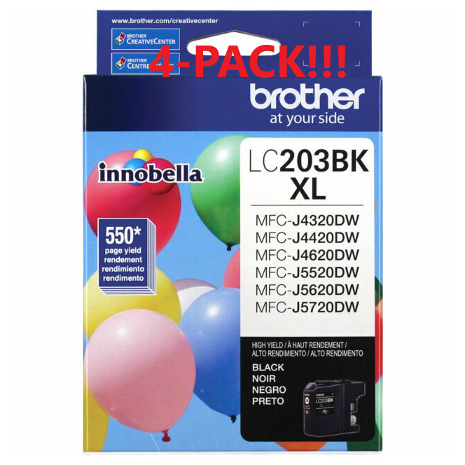 4-Pack Brother LC203BK XL Black Ink Cartridges-Bulk Bundle Save-Genuine OEM