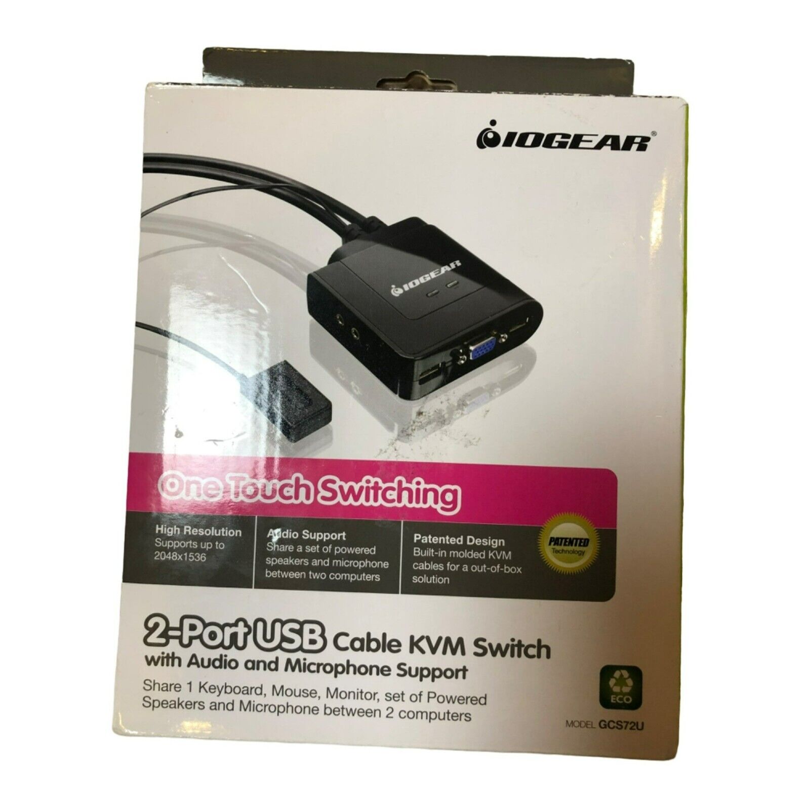 NIB Iogear GCS72U 2-Port USB Cable KVM Switch One Touch Switching