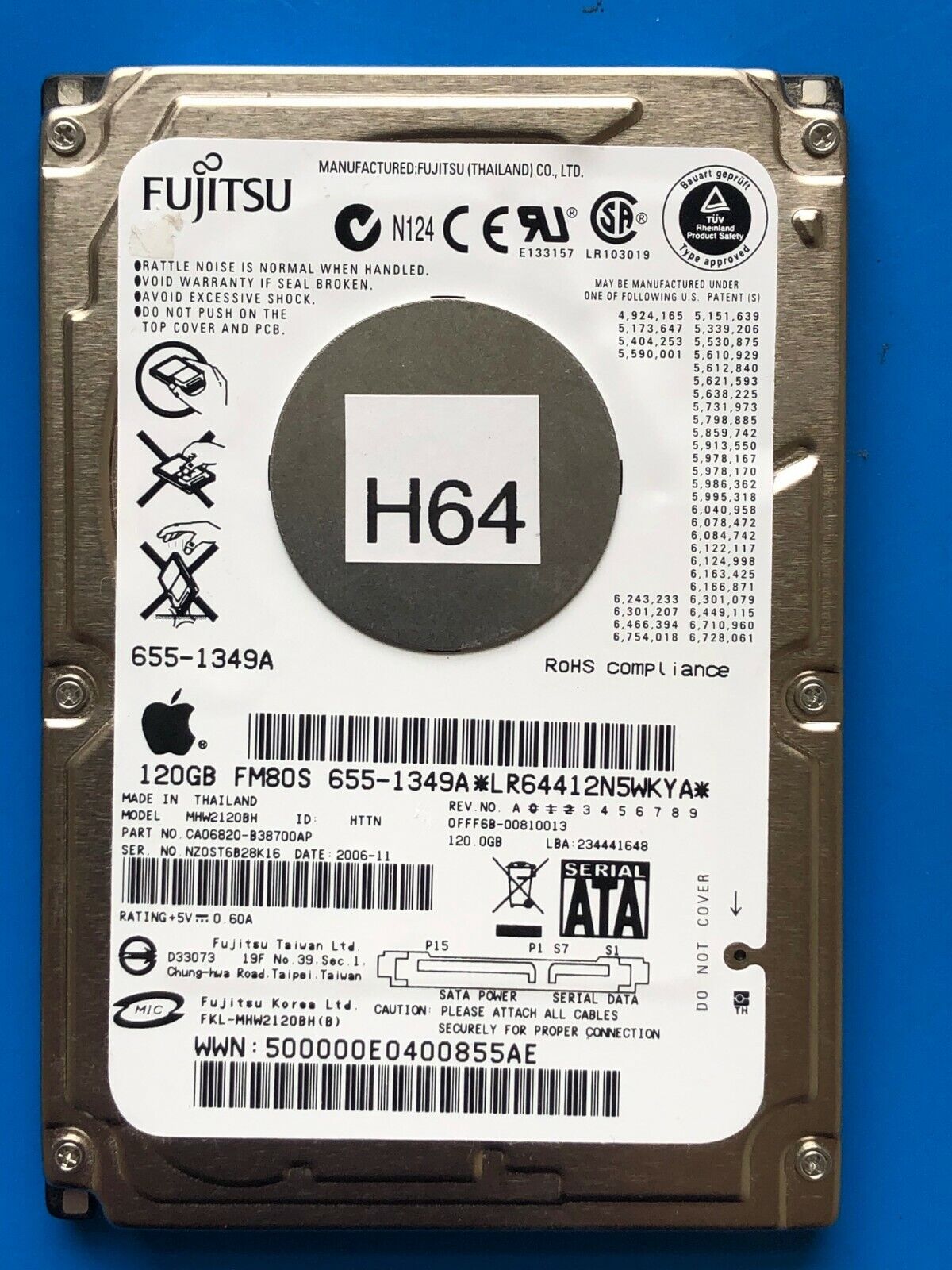 APPLE Fujitsu MHW2120BH, CA06820-B38700AP, 0FFF6B-00810013, 120GB SATA 2.5 HD