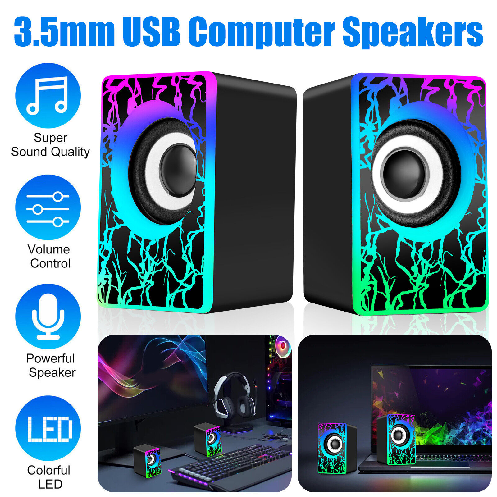 Wired Computer Speakers Subwoofer Stereo Bass Sound 3.5mm USB for Desktop Laptop