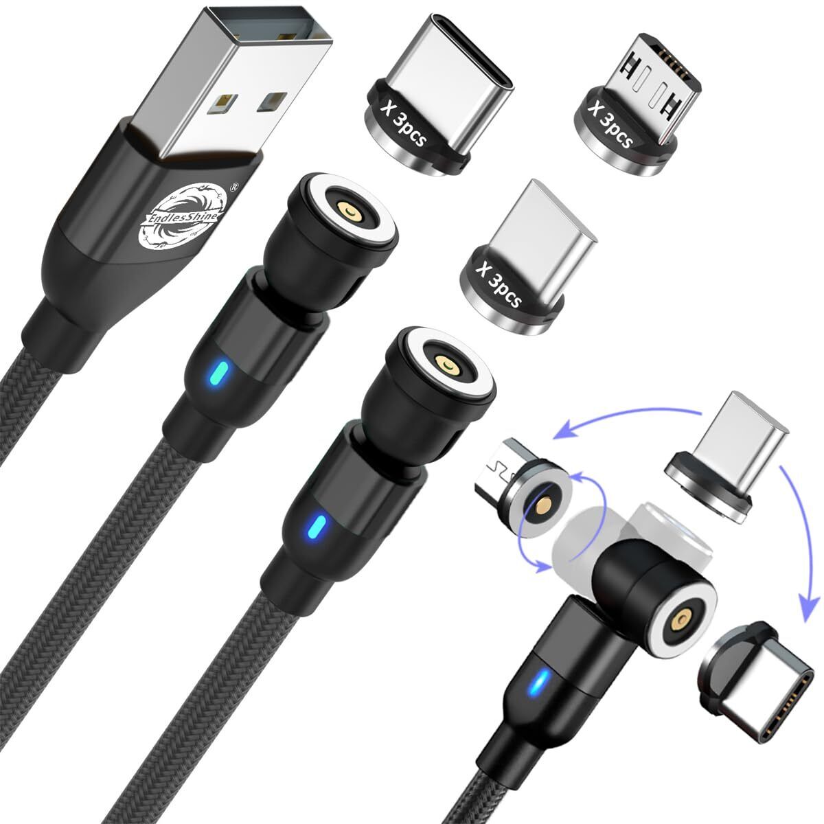 Magnetic Charging Cable [3Pack 3.3/6.6/6.6FT] 540° Rotation Magnetic Phone Ch.. 