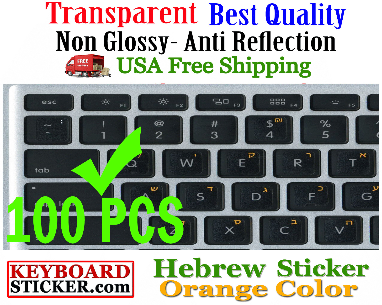 Hebrew Orange letters Keyboard Sticker Transparent Reseller 100 Pack DEAL