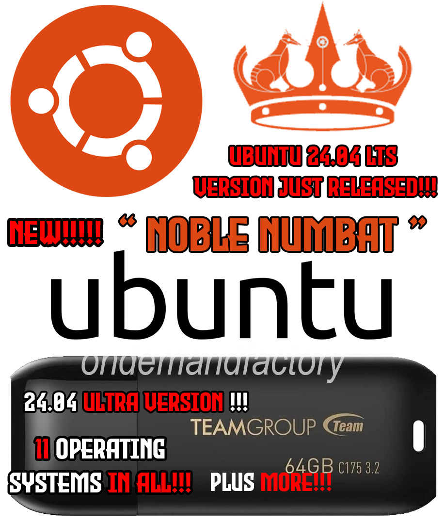 64 GB Multi Boot USB Ubuntu Linux 24.04 Noble Numbat 13 Total OS's 64 BIT NEW