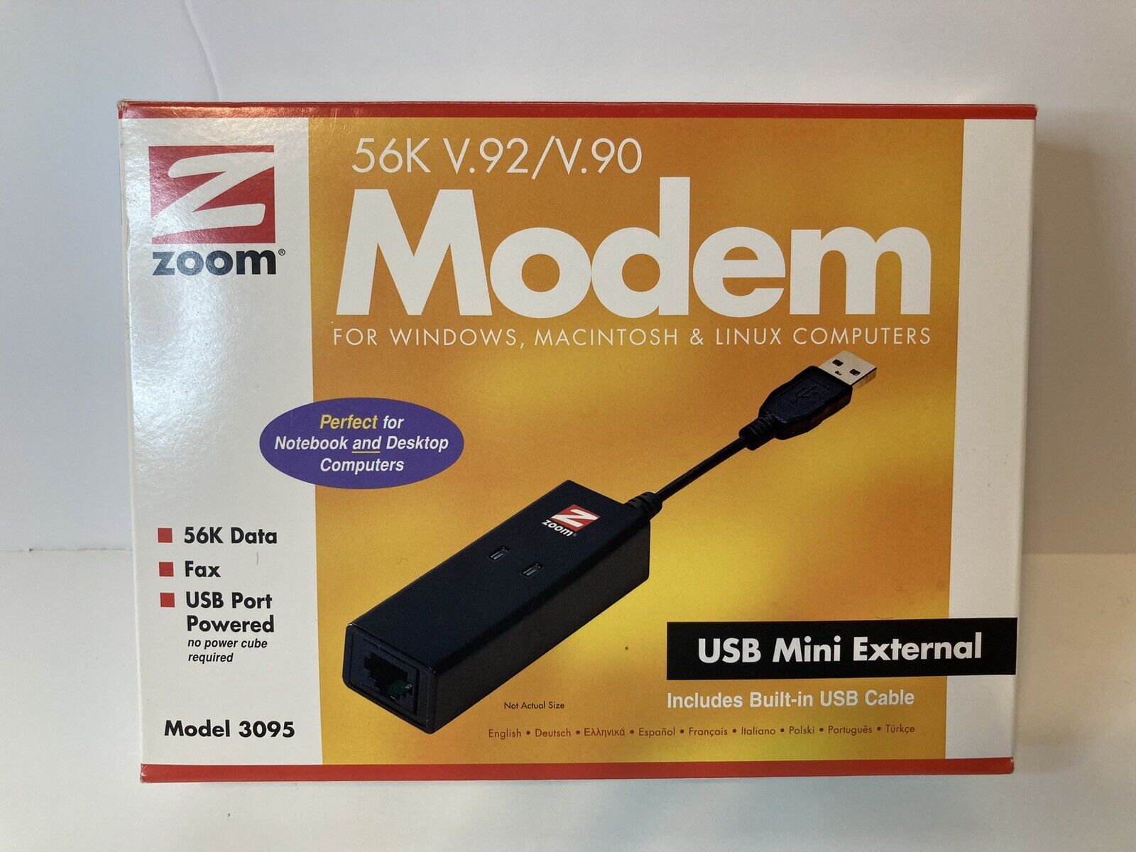 Zoom Model 3095 USB Modem - 56K V.92 Data + Fax USB Mini External