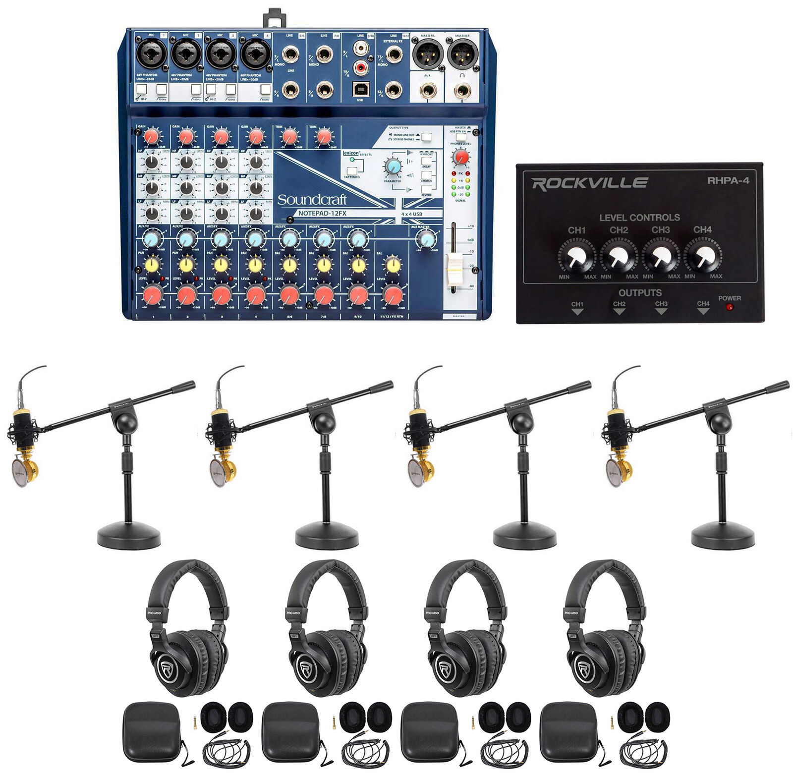 Soundcraft 4-Person Podcast Podcasting Recording Kit Mics+Headphones+Boom Stands