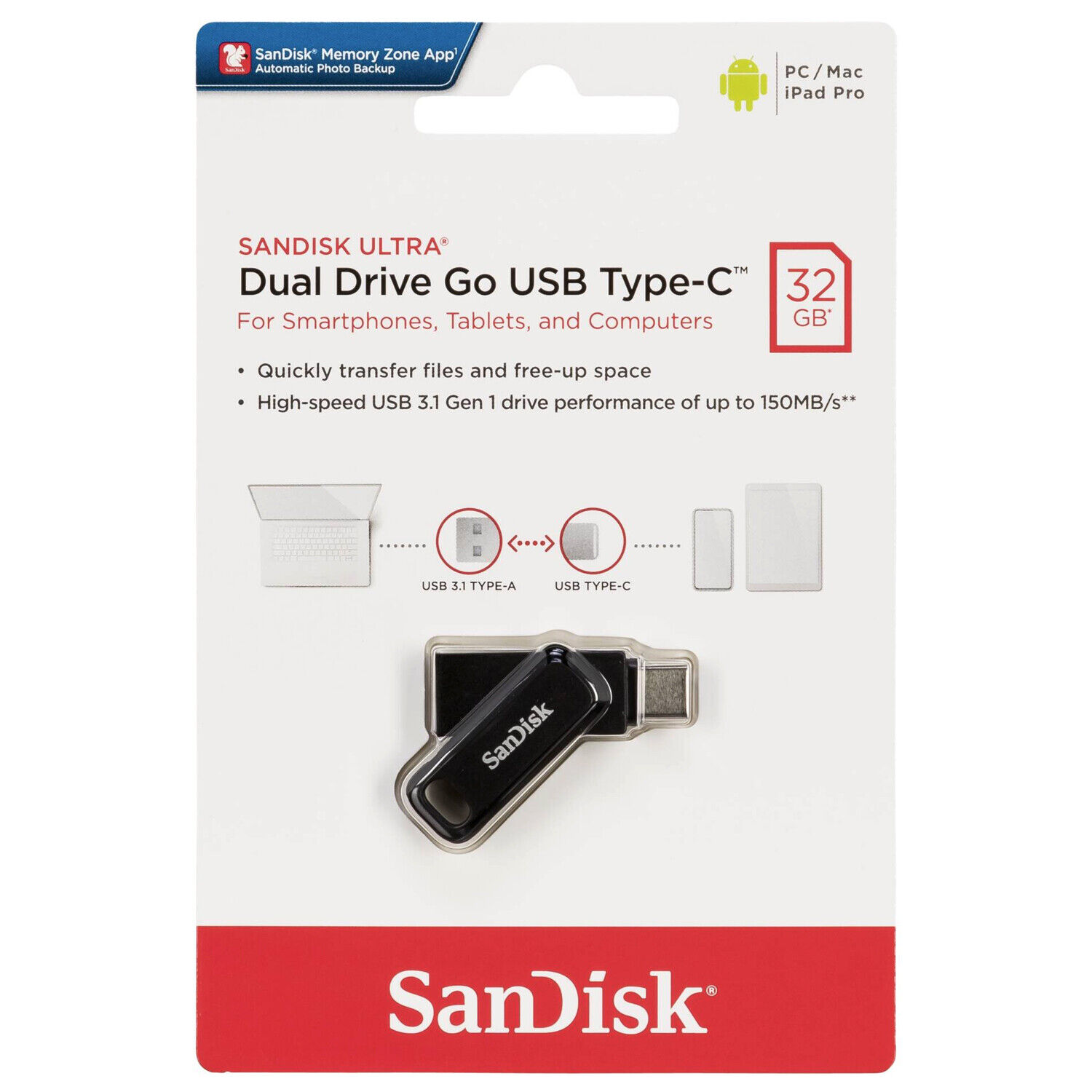NEW SanDisk 32GB Ultra Dual Drive Go USB Type-C Flash Memory Phone / Tablet